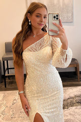 White Sequins One Shoulder Corset Prom Dress with Slit Gowns, White Sequins One Shoulder Prom Dress with Slit