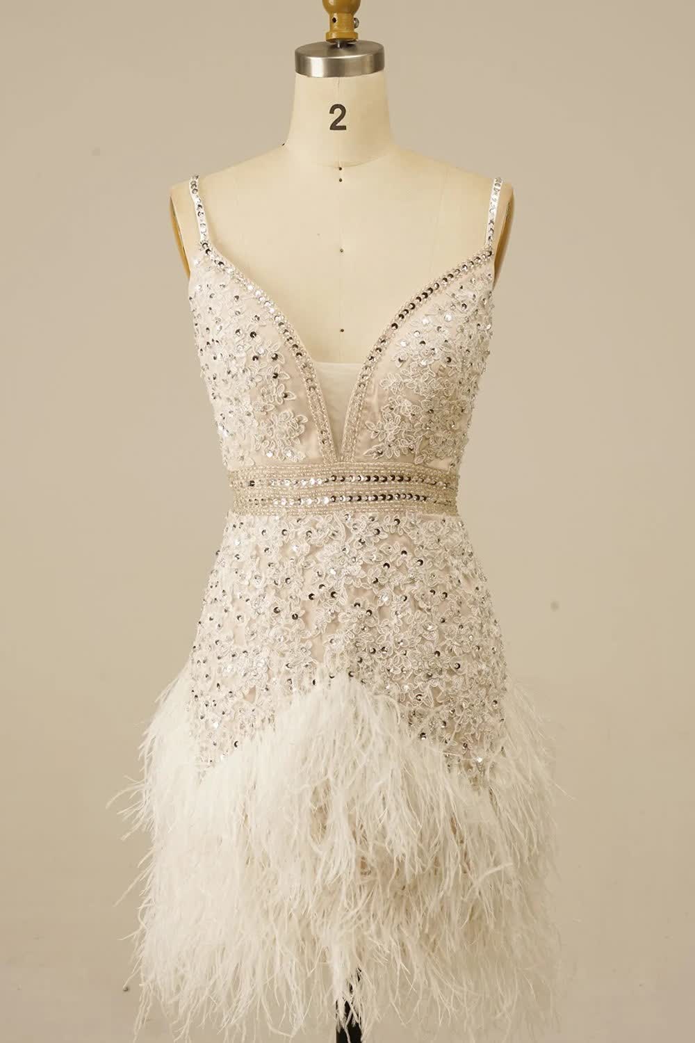 White Sequins Tight Short Corset Homecoming Dress with Feathers outfit, White Sequins Tight Short Homecoming Dress with Feathers