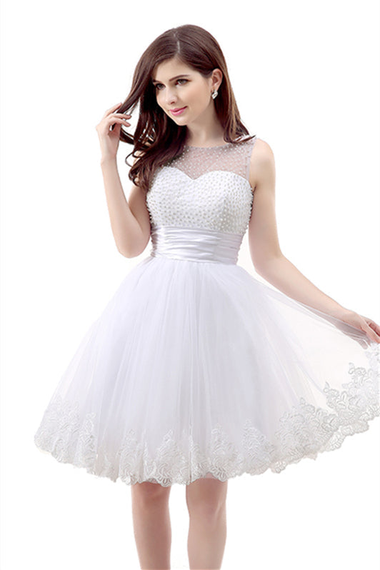 White Short Tulle Lace Knee Length Pearls Corset Homecoming Dresses outfit, Party Dress Dames