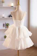 White Spaghetti Strap Tulle Short Corset Prom Dress, White A-Line Corset Homecoming Dress outfit, Dream