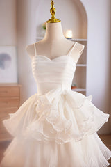 White Spaghetti Strap Tulle Short Corset Prom Dress, White A-Line Corset Homecoming Dress outfit, Classy Prom Dress