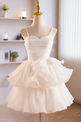 White Spaghetti Strap Tulle Short Corset Prom Dress, White A-Line Corset Homecoming Dress outfit, Prom Dress For Kids
