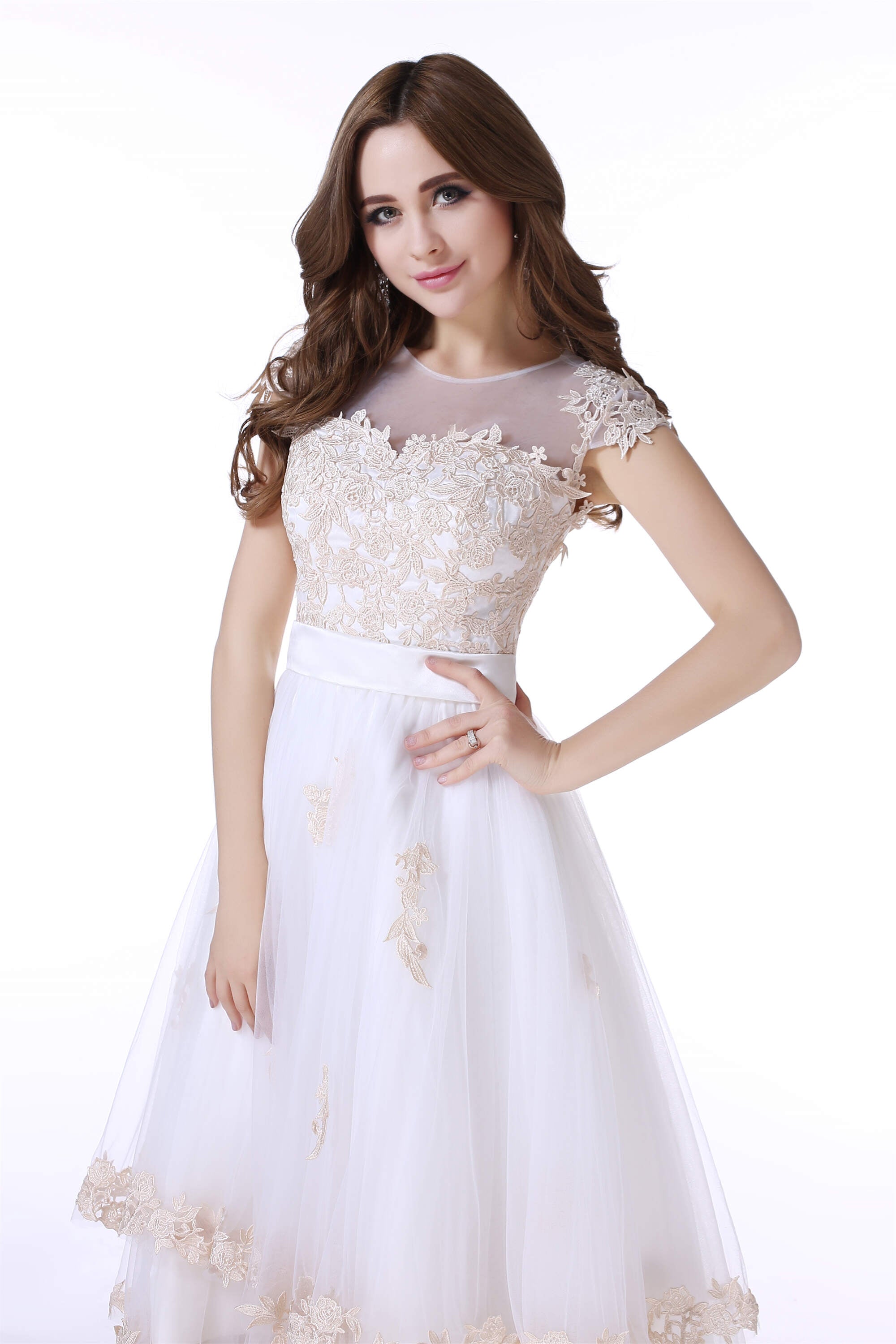 White Tulle Champagne Lace Tea Length Sleeveless Corset Wedding Dresses outfit, Wedding Dress Customization