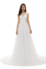 White Tulle Scoop Neck Lace Appliques Beading Corset Wedding Dresses outfit, Wedding Dresses Elegant