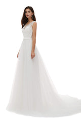 White Tulle Scoop Neck Lace Appliques Beading Corset Wedding Dresses outfit, Wedding Dresses Dresses