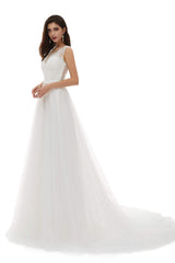 White Tulle Scoop Neck Lace Appliques Beading Corset Wedding Dresses outfit, Wedding Dress Deals