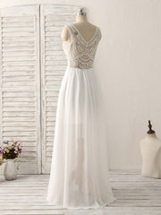 White V Neck Chiffon Long Corset Prom Dresses, White Long Evening Dresses outfit, Girlie Dress