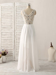 White V Neck Chiffon Long Corset Prom Dresses, White Long Evening Dresses outfit, Prom Outfit