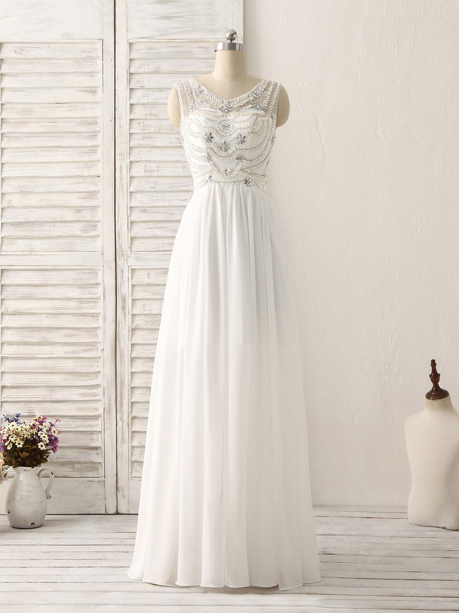White V Neck Chiffon Long Corset Prom Dresses, White Long Evening Dresses outfit, Aesthetic Dress