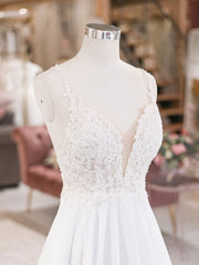 White V Neck Lace Chiffon Long Corset Wedding Dress, Beach Corset Wedding Dress outfit, Wedding Dresses For Maids