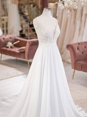 White V Neck Lace Chiffon Long Corset Wedding Dress, Beach Corset Wedding Dress outfit, Wedding Dresses A Line Romantic