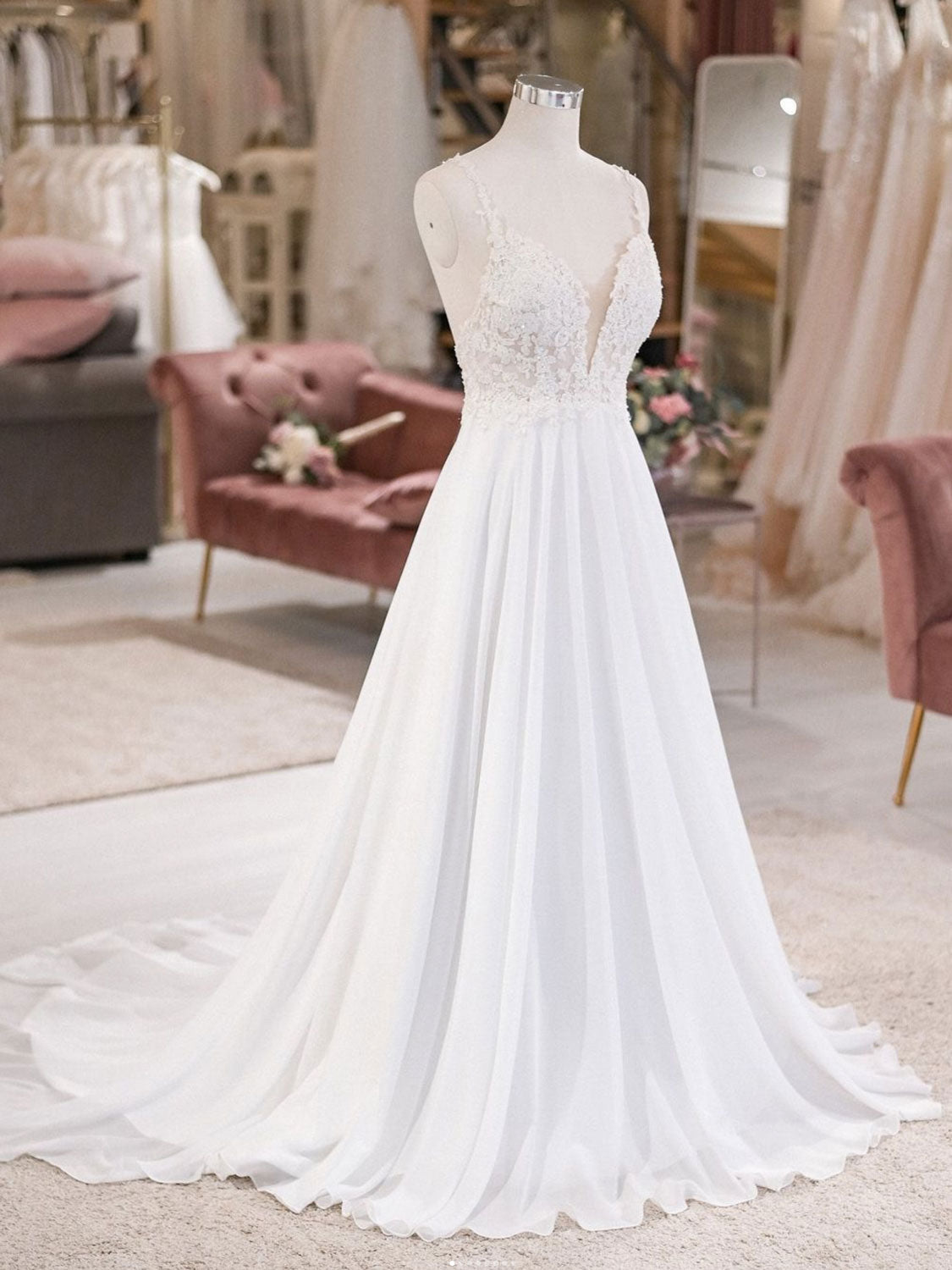White V Neck Lace Chiffon Long Corset Wedding Dress, Beach Corset Wedding Dress outfit, Wedding Dresses 2022 Trend New