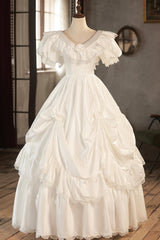 White V-Neck Satin Long Corset Prom Dress with Lace, Corset Wedding Dress outfit, Wedding Dress Fabric