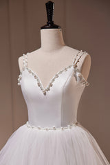 White V-Neck Tulle Long Corset Prom Dress, A-Line Evening Dress with Train outfit, Bridesmaid Dress Shops Near Me