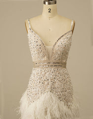 Gorgeous White Spaghetti Straps Beaded Corset Homecoming Dress With Feather outfit, Evening Dresses And Gowns