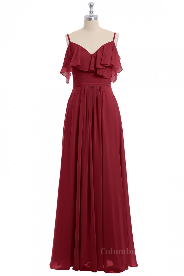 Wine Red Chiffon A-line Ruffles Long Corset Bridesmaid Dress outfit, Wedding Photo Ideas