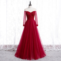 Wine Red Long Sleeves Beaded Tulle Evening Gown, A-line Wine Red Long Corset Prom Dress outfits, Formal Dress For Graduation