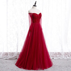 Wine Red Long Sleeves Beaded Tulle Evening Gown, A-line Wine Red Long Corset Prom Dress outfits, Formal Dresses Floral