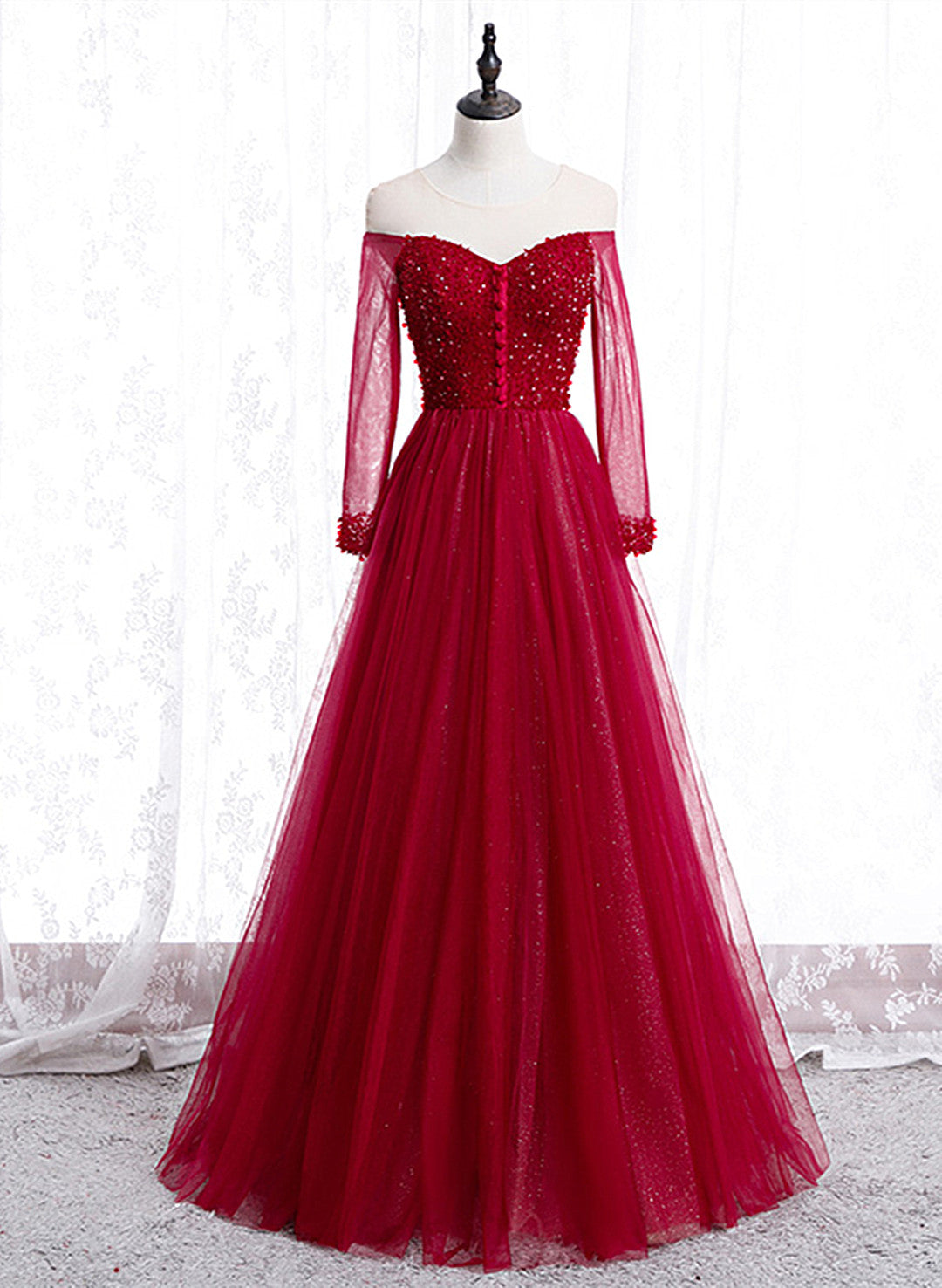 Wine Red Long Sleeves Beaded Tulle Evening Gown, A-line Wine Red Long Corset Prom Dress outfits, Formal Dress For Teens