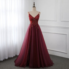 Wine Red Long Tulle V-neckline Beaded Junior Corset Prom Dress, Dark Red Party Dress Outfits, Plu Size Wedding Dress