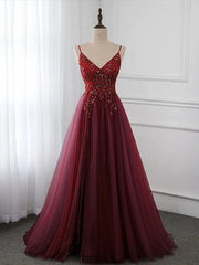 Wine Red Long Tulle V-neckline Beaded Junior Corset Prom Dress, Dark Red Party Dress Outfits, Small Wedding Ideas