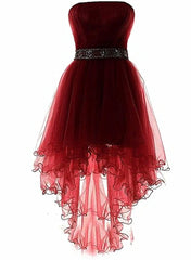 Wine Red Lovely High Low Tulle Corset Homecoming Dress, Cute Party Dress Outfits, Prom Dresses Floral