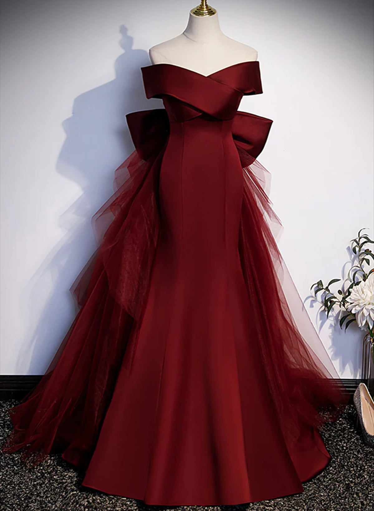 Wine Red Mermaid Long Corset Prom Dress, Off the Shoulder V-Neck Corset Wedding Party Dress Outfits, Wedding Dress 2021