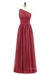 Wine Red One Shoulder A-line Chiffon Long Corset Bridesmaid Dress outfit, Mismatched Bridesmaid Dress