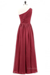 Wine Red One Shoulder A-line Chiffon Long Corset Bridesmaid Dress outfit, Simple Prom Dress