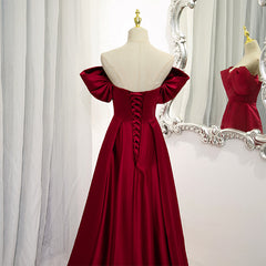 Wine Red Satin A-line Floor Length Party Dresses, Burgundy Long Corset Formal Dresses outfit, Prom Dresses Different