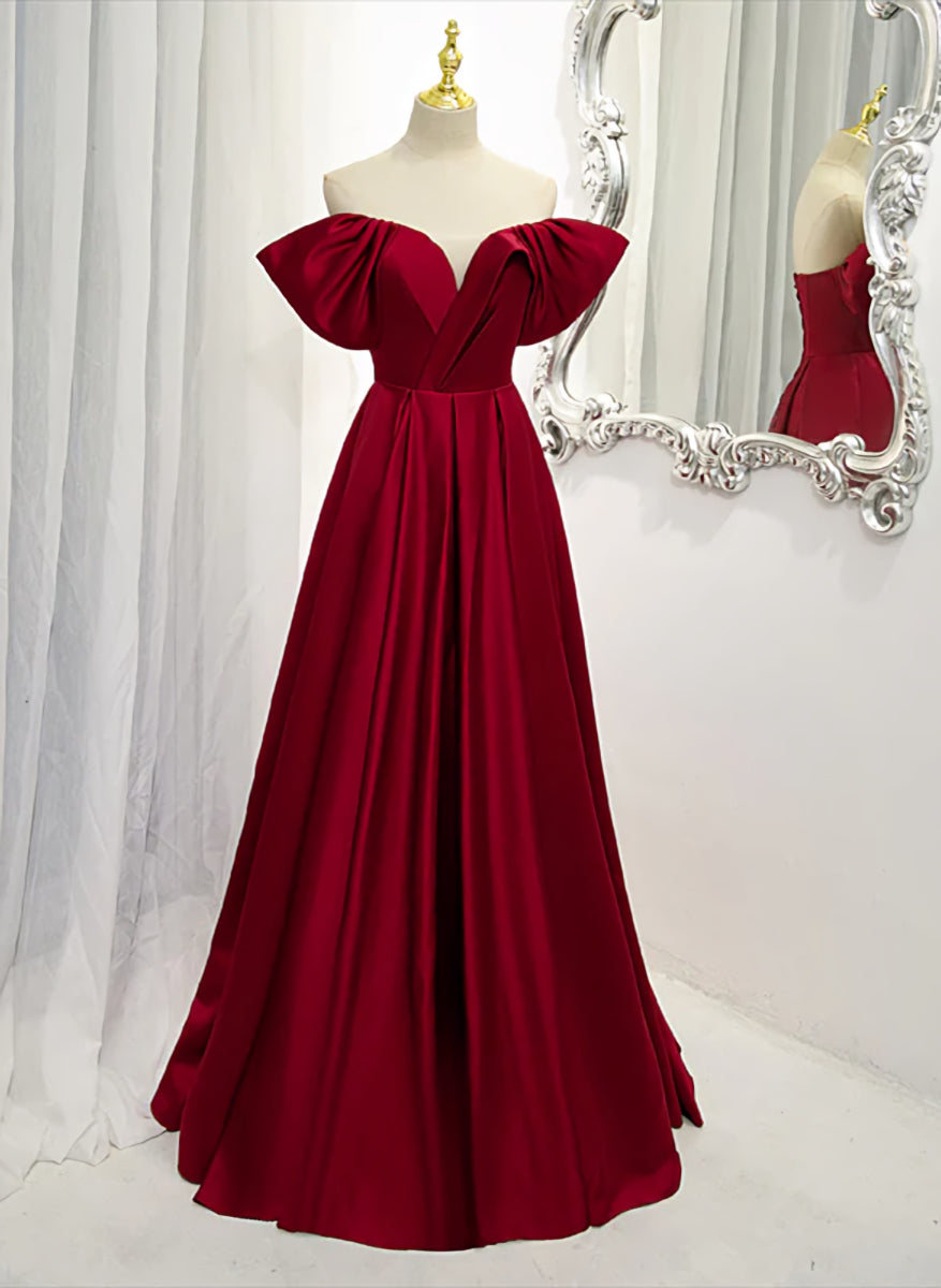 Wine Red Satin A-line Floor Length Party Dresses, Burgundy Long Corset Formal Dresses outfit, Prom Dresses Princess