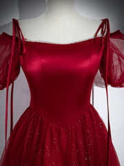 Wine Red Satin and Tulle Straps Long Corset Prom Dress, Wine Red Off Shoulder Party Dress Outfits, Small Wedding Ideas