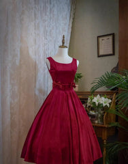 Wine Red Satin Tea Length Party Dress with Bow, Wine Red Corset Wedding Party Dress Outfits, Wedding Dresses 2024