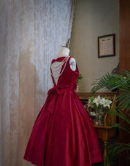 Wine Red Satin Tea Length Party Dress with Bow, Wine Red Corset Wedding Party Dress Outfits, Wedding Dresses Online Shopping