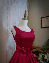 Wine Red Satin Tea Length Party Dress with Bow, Wine Red Corset Wedding Party Dress Outfits, Wedding Dress Online Shopping