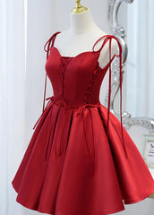 Wine Red Satin V-neckline Straps Beaded Short Corset Prom Dress, Wine Red Party Dresses outfit, Prom Dresses Open Backs