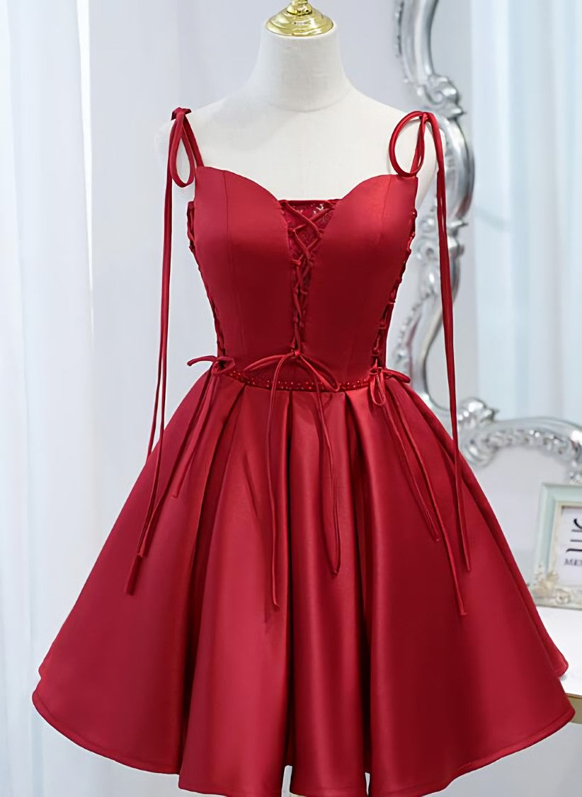 Wine Red Satin V-neckline Straps Beaded Short Corset Prom Dress, Wine Red Party Dresses outfit, Prom Dress Open Back