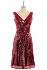 Wine Red Sequin V Neck Short Corset Bridesmaid Dress outfit, Bridesmaids Dress Modest