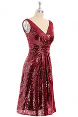 Wine Red Sequin V Neck Short Corset Bridesmaid Dress outfit, Bridesmaid Dress Modest