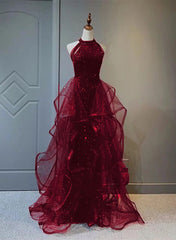 Wine Red Sequins and Tulle Halter Long Corset Prom Dress, Wine Red Evening Dress outfit, Party Dress Near Me