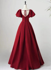 Wine Red Short Sleeves A-line Floor Length Party Dress, Long Corset Prom Dress outfits, Party Dresses For Teens