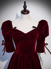 Wine Red Short Sleeves A-line Long Party Dress, Wine Red Corset Bridesmaid Dress outfit, Party Dresses And Tops
