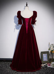 Wine Red Short Sleeves A-line Long Party Dress, Wine Red Corset Bridesmaid Dress outfit, Party Dresses Online Shopping