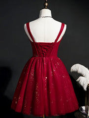 Wine Red Short Tulle Straps Cute Corset Homecoming Dress, Wine Red Short Corset Prom Dress outfits, Bridesmaid Dresses Websites