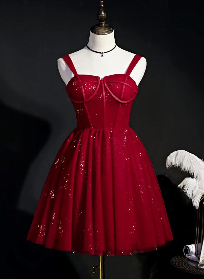 Wine Red Short Tulle Straps Cute Corset Homecoming Dress, Wine Red Short Corset Prom Dress outfits, Bridesmaids Dresses Websites