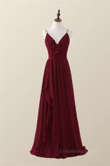 Wine Red Straps Ruffle A-line Long Corset Bridesmaid Dress outfit, Prom Dresses Website