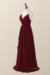 Wine Red Straps Ruffle A-line Long Corset Bridesmaid Dress outfit, Prom Dress Website