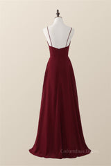 Wine Red Straps Ruffle A-line Long Corset Bridesmaid Dress outfit, Prom Dresses Websites