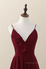 Wine Red Straps Ruffle A-line Long Corset Bridesmaid Dress outfit, Prom Dress Websites