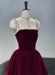 Wine Red Straps Velvet Party Dress with Pearls, Wine Red Tea Length Corset Formal Dress outfit, Formal Dresses Long Sleeve
